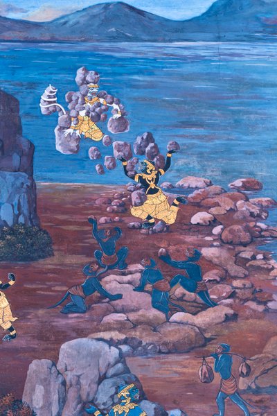 ワット プラケオ、ロイヤル グランド パレス、バンコク、タイでラーマーヤナのシーンを描いた壁画 作： Thai School