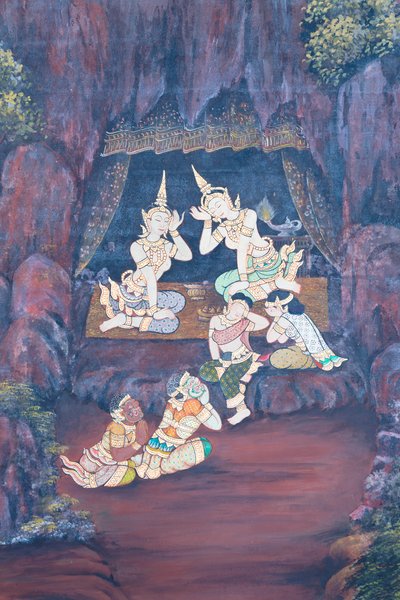 ワット プラケオ、ロイヤル グランド パレス、バンコク、タイでラーマーヤナのシーンを描いた壁画 作： Thai School