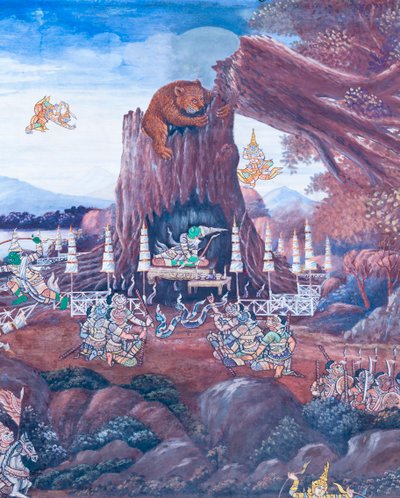 Seinämaalaus, joka kuvaa kohtauksia Ramayanasta Wat Phra Kaeossa, Kuninkaallisesta palatsista, Bangkokista, Thaimaasta 作： Thai School