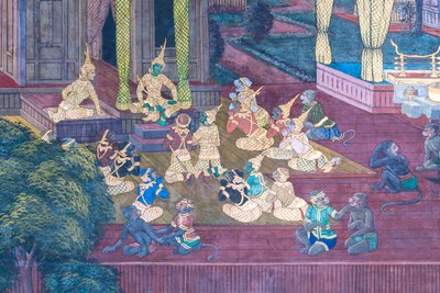 ワット プラケオ、ロイヤル グランド パレス、バンコク、タイでラーマーヤナのシーンを描いた壁画 作： Thai School