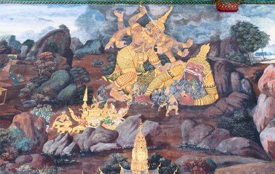 ワット プラケオ、ロイヤル グランド パレス、バンコク、タイでラーマーヤナのシーンを描いた壁画 作： Thai School
