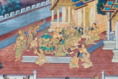 ワット プラケオ、ロイヤル グランド パレス、バンコク、タイでラーマーヤナのシーンを描いた壁画 作： Thai School