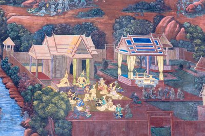 Seinämaalaus, joka kuvaa kohtauksia Ramayanasta Wat Phra Kaeossa, Kuninkaallisesta palatsista, Bangkokista, Thaimaasta 作： Thai School