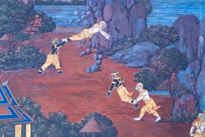 ワット プラケオ、ロイヤル グランド パレス、バンコク、タイでラーマーヤナのシーンを描いた壁画 作： Thai School