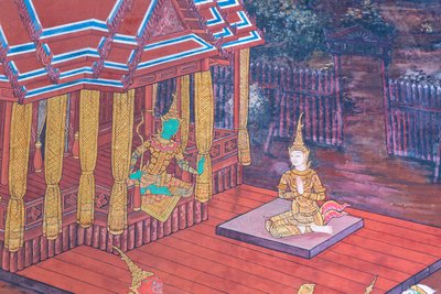 ワット プラケオ、ロイヤル グランド パレス、バンコク、タイでラーマーヤナのシーンを描いた壁画 作： Thai School