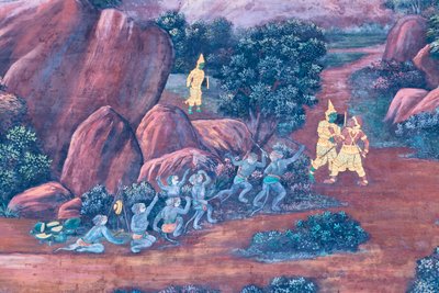 ワット プラケオ、ロイヤル グランド パレス、バンコク、タイでラーマーヤナのシーンを描いた壁画 作： Thai School