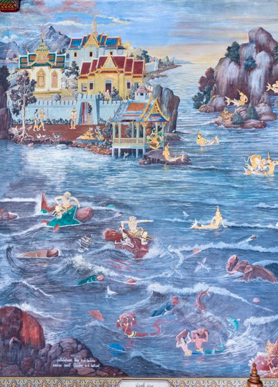 Mural depicting scenes from the Ramayana at Wat Phra Kaeo, the Royal Grand Palace, Bangkok, Thailand   1460927   ja       japanese Successfully Translated  Original: Port Mahon, Minorca with British Men-of-War at Anchor Translat: Port Mahon, Minorca with B 作： Thai School