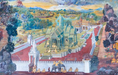 ワット プラケオ、ロイヤル グランド パレス、バンコク、タイでラーマーヤナのシーンを描いた壁画 作： Thai School
