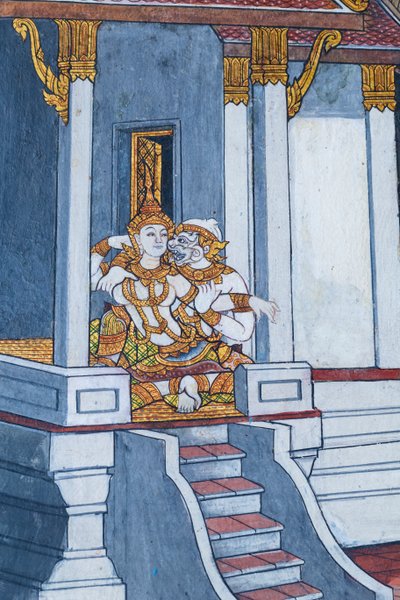 ワット プラケオ、ロイヤル グランド パレス、バンコク、タイでラーマーヤナのシーンを描いた壁画 作： Thai School