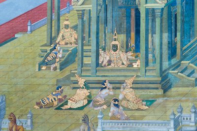 ワット プラケオ、ロイヤル グランド パレス、バンコク、タイでラーマーヤナのシーンを描いた壁画 作： Thai School