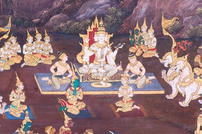 ワット プラケオ、ロイヤル グランド パレス、バンコク、タイでラーマーヤナのシーンを描いた壁画 作： Thai School