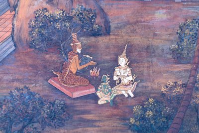ワット プラケオ、ロイヤル グランド パレス、バンコク、タイでラーマーヤナのシーンを描いた壁画 作： Thai School