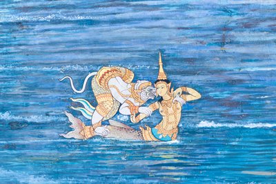 ワット プラケオ、ロイヤル グランド パレス、バンコク、タイでラーマーヤナのシーンを描いた壁画 作： Thai School
