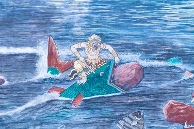 ワット プラケオ、ロイヤル グランド パレス、バンコク、タイでラーマーヤナのシーンを描いた壁画 作： Thai School