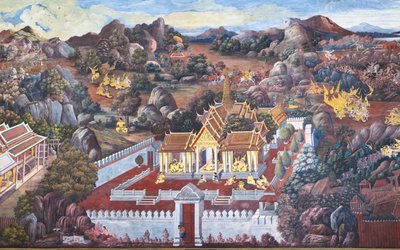 ワット プラケオ、ロイヤル グランド パレス、バンコク、タイでラマキアンからシーンを描いた壁画 作： Thai School