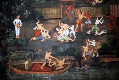仏陀の生涯を描いた壁画、ワット スワン ダララム、アユタヤ歴史公園 (ユネスコ世界遺産リスト) 作： Thai School