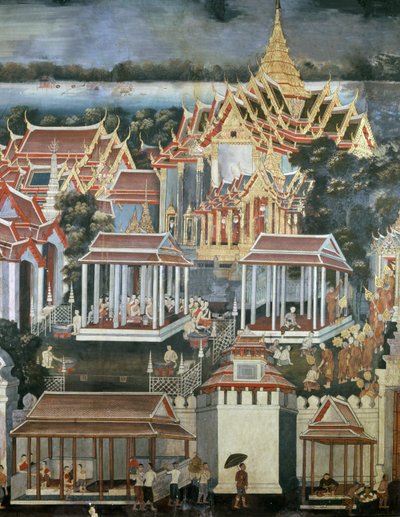 1864年にエメラルド仏の寺院で僧侶に捧げられた供物（壁画） 作： Thai School