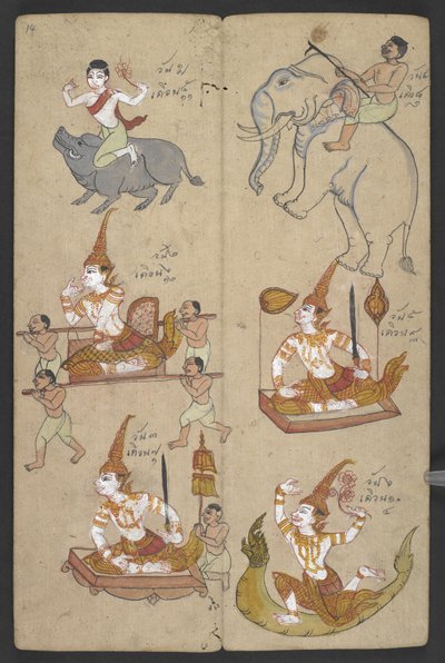 または、16455 f.14r、ゾディアックの動物、プロマチャット (羊皮紙) より 作： Thai School