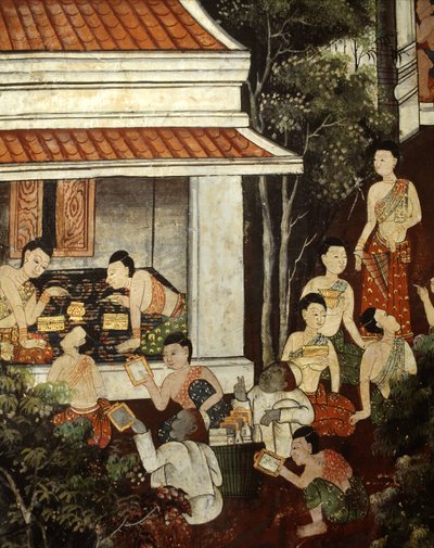 イスラム教徒の商人からジュエリーや鏡を購入する宮殿の女性、ラタナコーシンスタイル（壁画） 作： Thai School
