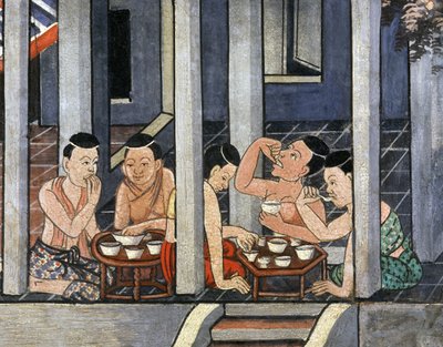 19世紀半ば、カントケと呼ばれる低い円卓で食事をする人々（壁画） 作： Thai School