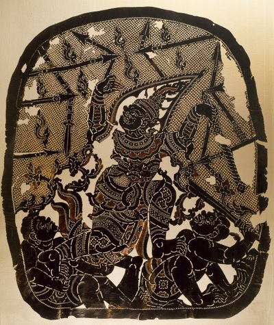 陸軍大将ダサカンタ、ビルンジャンバンを表現したナンヤイの影絵芝居のシーン、革製彫刻パネル、タイ、タイ文明 作： Thai School