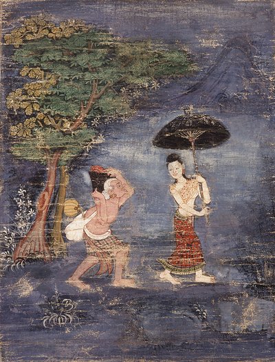 高齢のブラフミン・ジュジャカは若い妻を追う（布に絵を描く） 作： Thai School