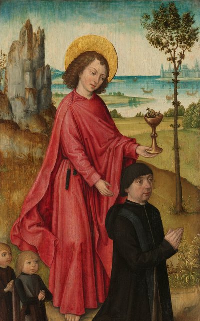寄贈者と彼の 2 人の息子と伝道者聖ヨハネ、三連祭壇画の左翼の内側 作： The (Bruges) Master of the Legend of Saint Ursula (workshop of)
