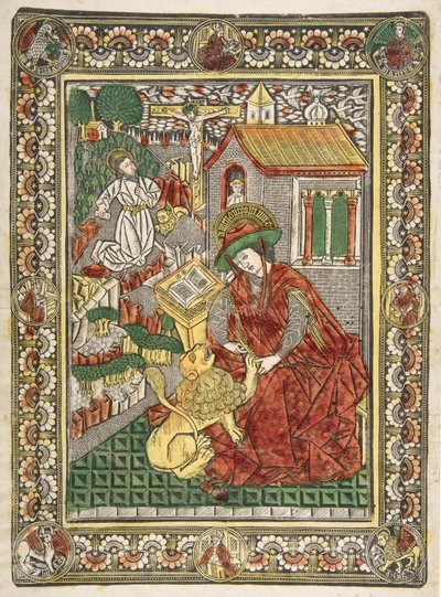悔い改めの聖ヒエロニムスと学者としてライオンの足からとげを取り除く Sch....、ca. 1470-85。 作： The Master of the Mountainlike Clouds