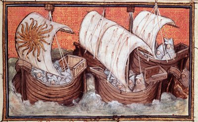 Harl 1319 f.18 アイルランドからのリチャード 2 世の艦隊の出発、イングランド王の歴史、リチャード 2 世 (ベラム) 作： The Virgil Master