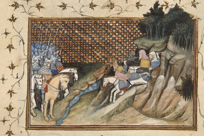 ハーレー 1319、f.9 Art Mór が乗ってグロスター伯爵に会う、ジャン クレトン作「La Prinse et Mort du Roy Richart」（リチャード 2 世の捕虜と死の書）より 作： The Virgil Master