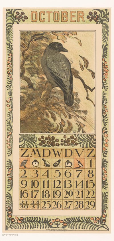 カラフルなカラスと 10 月のカレンダー ページ カレンダー 1910 Th による 12 のリトグラフ。 v。 ホイテマ（シリーズタイトル） 作： Theo van Hoytema