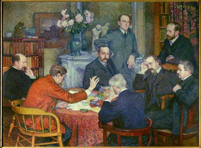 ベルギーの社会主義詩人エミール・ヴェルヘーレン（1855-1916）、画家クロス、作家モーリス・メーテルリンク、アンドレ・ギド、フランシス・ヴィーレ＝グリフィン、生物学者アンリ・ゲオン、医師フェリックス・ル・ダンテック、タバコを吸うフェリックス・フェネオンを中心に上演された『La Lecture』（1903年）、S 作： Théo van Rysselberghe
