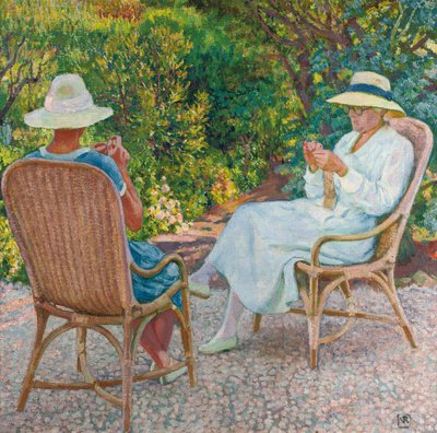 マリアとエリザベス・ファン・リッセルベルゲ、庭で編み物、1912年頃 作： Théo van Rysselberghe