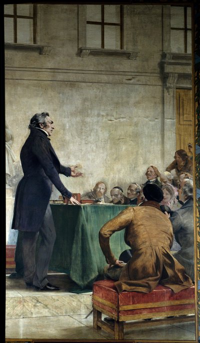 フランソワ・アラゴ（1786-1853）は、天文台の円形劇場で大衆的な天文学を学んだ。Theobald Chartran (1849-1907)による絵画。パリ、ラ・ソルボンヌ - パリ王立天文台で民衆天文学の講義をするフランソワ・アラゴ（1786-1853）。 作： Theobald Chartran