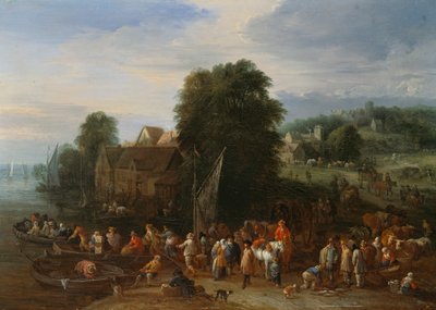 フェリーに乗船する旅行者（パネルに油彩） 作： Theobald Michau