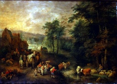農民と荷馬車のある森の風景 作： Theobald Michau