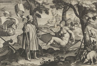 現代の新しい発明 [Nova Reperta], アメリカの発見, プレート1, ca..., 1600年頃。 作： Theodoor Galle