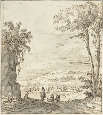 岩の近くにハイカーがいるイタリアの川の風景 作： Theodoor Wilkens