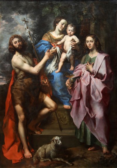 洗礼者聖ヨハネと伝道者聖ヨハネの間の聖母子 作： Theodoor van Loon