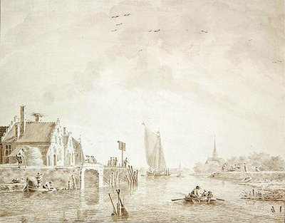 遠くに都市がある村の河口での船出（紙にペンとインク、ウォッシュ） 作： Theodor Verrijk