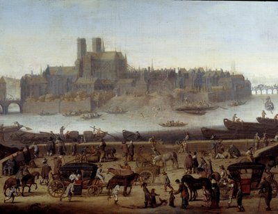 Le quai et le pont de la Tournelle à Paris 詳細。波止場とラ・シテ島の眺め。テオドール・マータム（1606-1676）の作とされる絵画 1646年 パリ、カルナヴァレ美術館 作： Theodor (attr. to) Matham