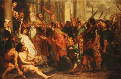 聖アンブローズ、ミラノ司教、皇帝テオドシウスのミラノ大聖堂への入場を拒否 作： Theodor Boeyermans