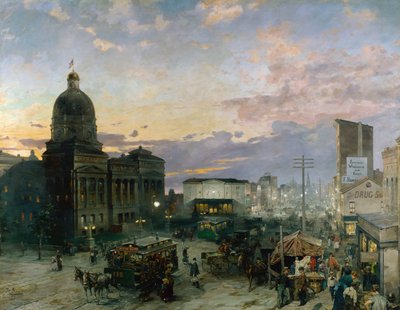 「夕暮れのインディアナポリスのワシントン通りの眺め」セオドア・グロール (1857-1913) による絵画 1892-1895 インディアナポリス美術館 インディアナ アメリカ 作： Theodor Groll