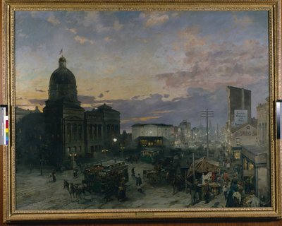 夕暮れのインディアナポリス、ワシントン通り（キャンバスに油彩） 作： Theodor Groll