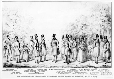 プロイセンのフリードリヒヴィルヘルム3世王が1833年、1833年にスパの町テプリッツで外交官、兵士、学者と面会 作： Theodor Hosemann