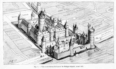 チャールズ5世（1464-80）の治世中のルーブル美術館の鳥瞰図、1882年 作： Theodor Josef Hubert Hoffbauer