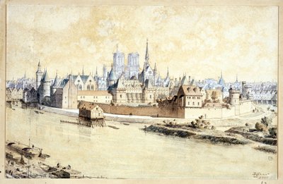 1530年のル・パレ・エ・ラ・シテ（回顧的構成）（紙にペンとインクと水彩） 作： Theodor Josef Hubert Hoffbauer