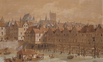 グランドシャトレーとポンオームニエ（紙にペン、インク、トイレ） 作： Theodor Josef Hubert Hoffbauer