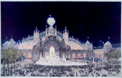 ユニバーサルな展覧会。"View of the Palace of Electricite and Water Castle in Paris in 1900" Fedor Hoffbauerとして知られるTheodore Joseph Hubert Hoffbauer (1839-1922)のプリント。1900年パリ、カルナヴァレ美術館 作： Theodor Josef Hubert Hoffbauer