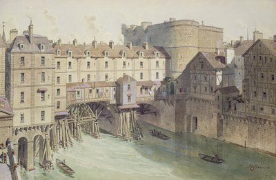 1717年のプチシャトレーとプチポンの眺め、フィリップベノア（1813-c.1905）1885によって刻まれた「時代を越えたパリ」のイラスト 作： Theodor Josef Hubert Hoffbauer